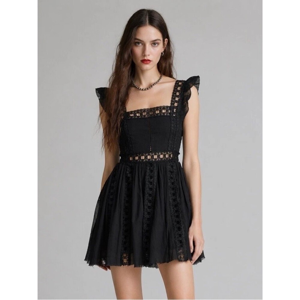 Black Lace-Trim Ruffled Strap Mini Dress